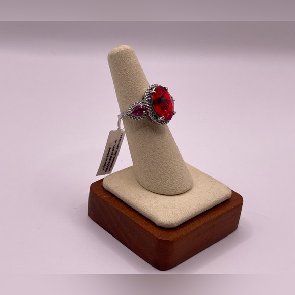 Simulated Ruby Rhinestone Ring - Silver Toned Victorian Setting Stainless Steel - Picture 15 of 15